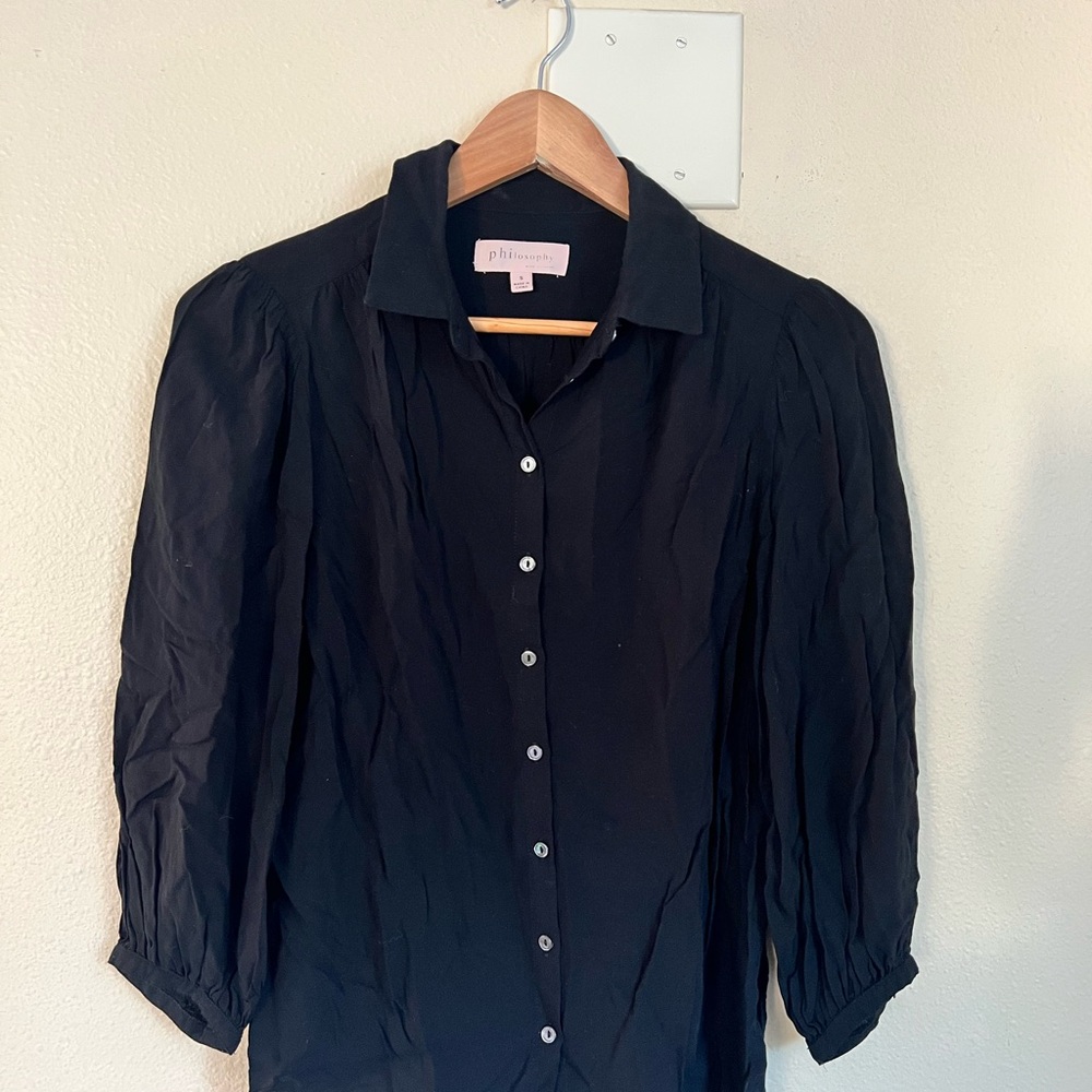 Philosophy Lot Cream/Black Button-Down Puff Sleeve Blouse